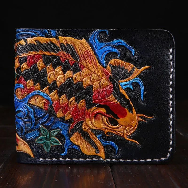Men's solid colour cow leather short wallet with open closure, shown in red, blue, and gold.