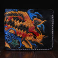 Men's solid colour cow leather short wallet with open closure, shown in red, blue, and gold.