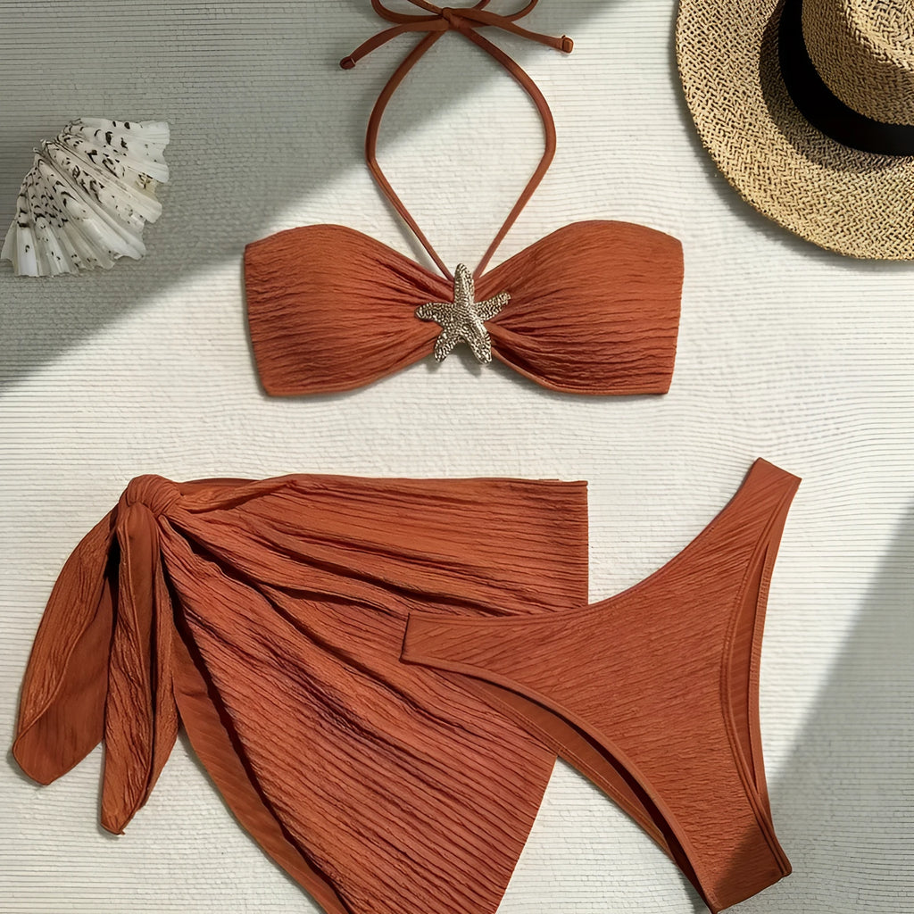 Brown floral three-piece bikini set with tube top, pants and beach skirt in polyester, sizes S to XL