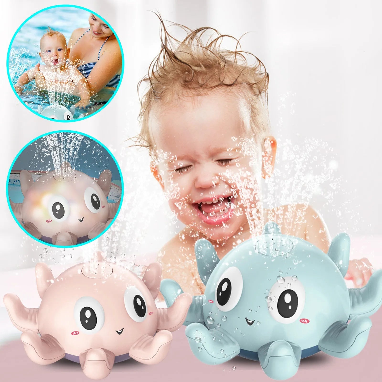 Blue automatic water spray bath toy shaped like an octopus with flashing lights, for baby bath time.