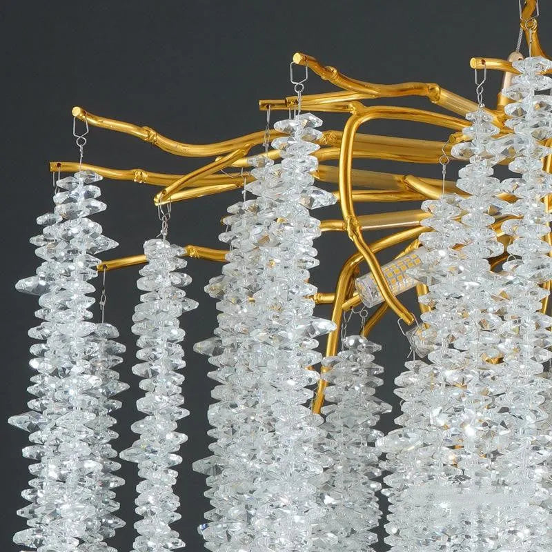 Crystal chandelier light with aluminium alloy frame in round and long style options.
