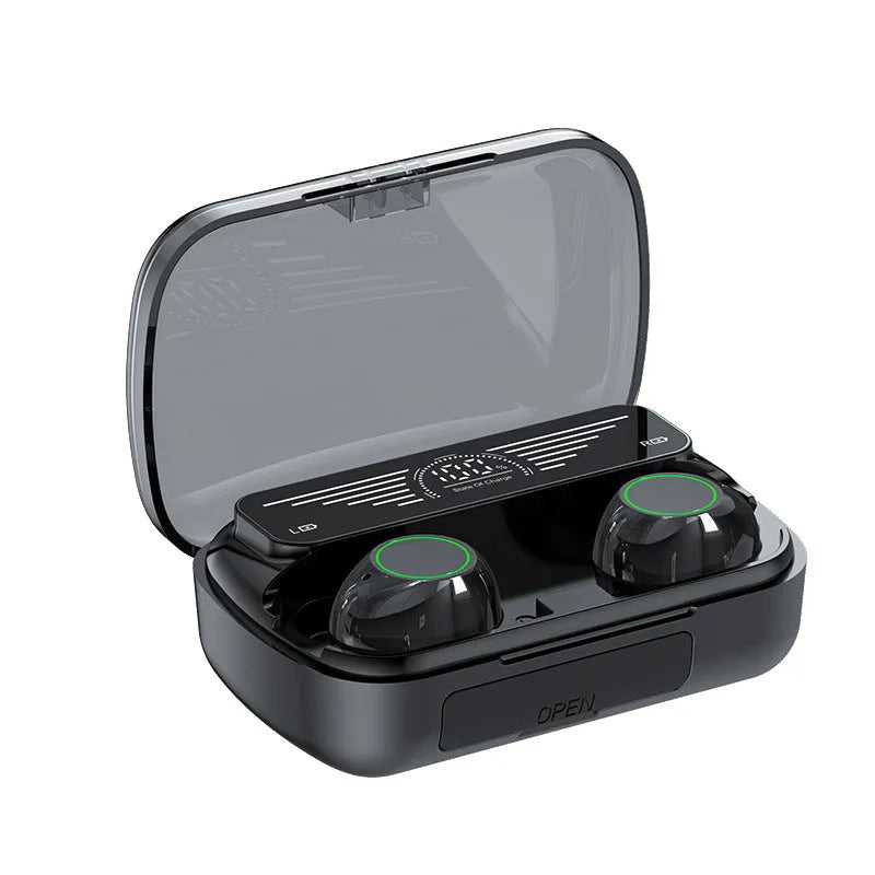 Black wireless Bluetooth TWS sports earbuds with touch controls on a white background.