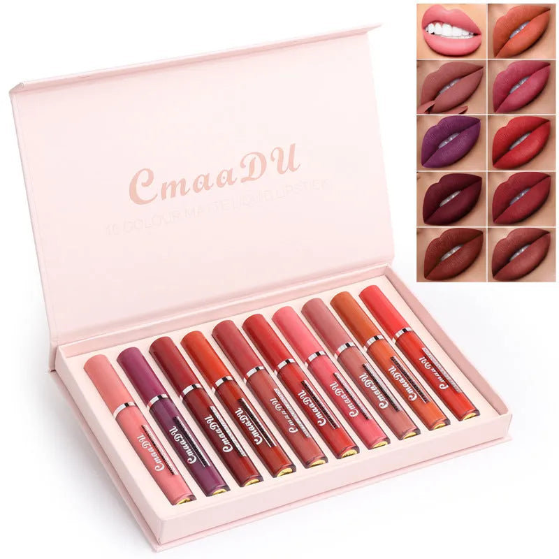 Pack of 10 women's matte lipsticks in photo colour with non-stick cup waterproof formula.