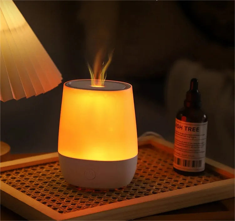 White USB-powered aromatherapy diffuser with flame effect and compact design