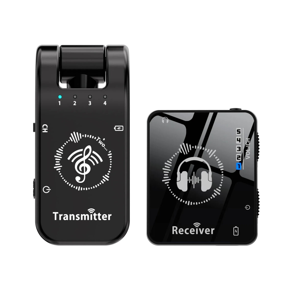 Black ABS earphone monitor transceiver system with transmitter, receiver, Type-C data cable and 3.5mm audio cable