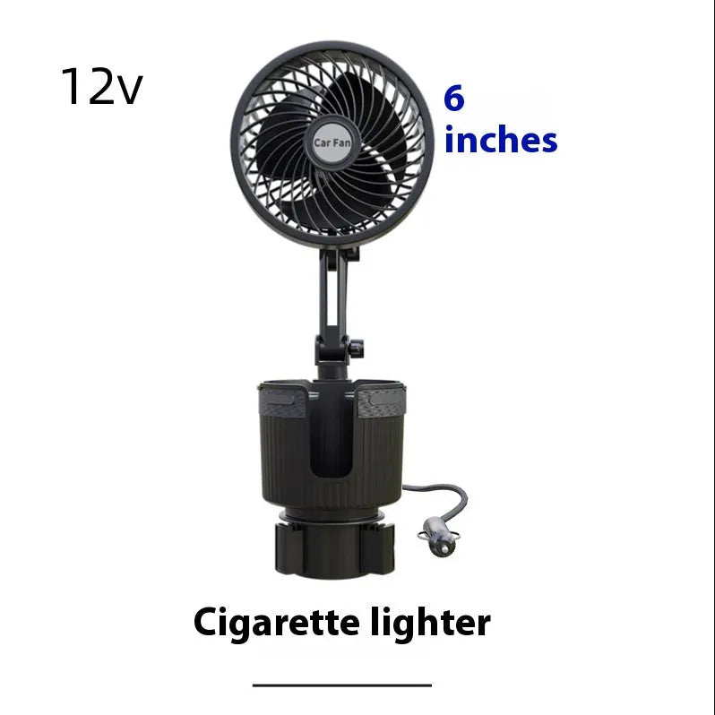 A portable fan with a base designed to fit into a car cup holder, with power cable for 12V, 24V, or USB connection.