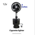 A portable fan with a base designed to fit into a car cup holder, with power cable for 12V, 24V, or USB connection.