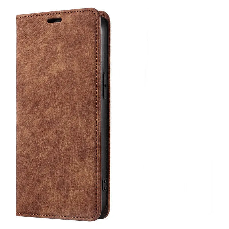 Magnetic leather flip phone case for iPhone in grey, showing front cover closed.