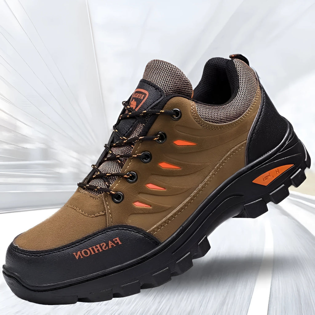 Men's brown suede hiking shoes with rubber soles and casual sneaker styling