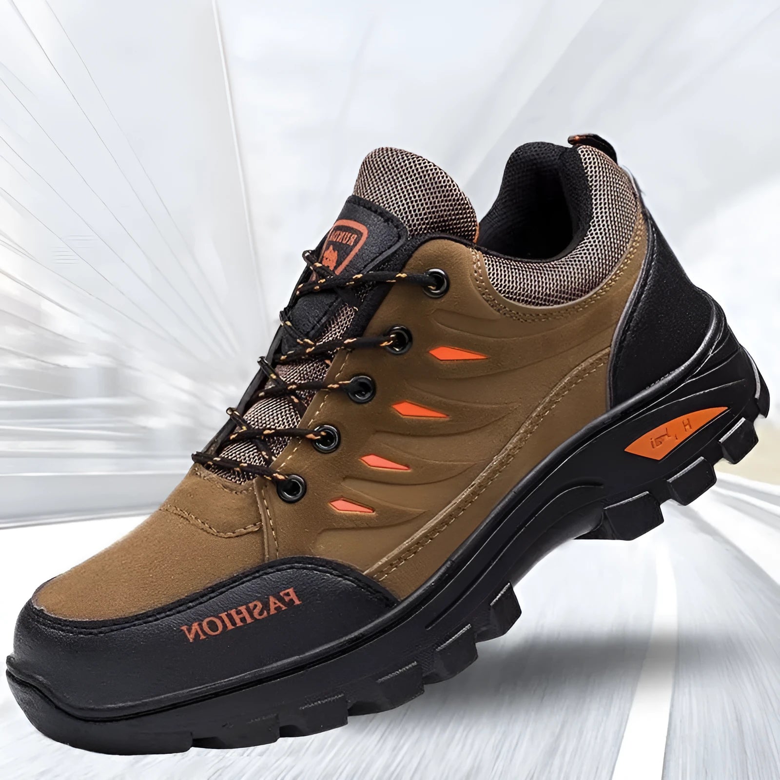 Men's brown suede hiking shoes with rubber soles and casual sneaker styling