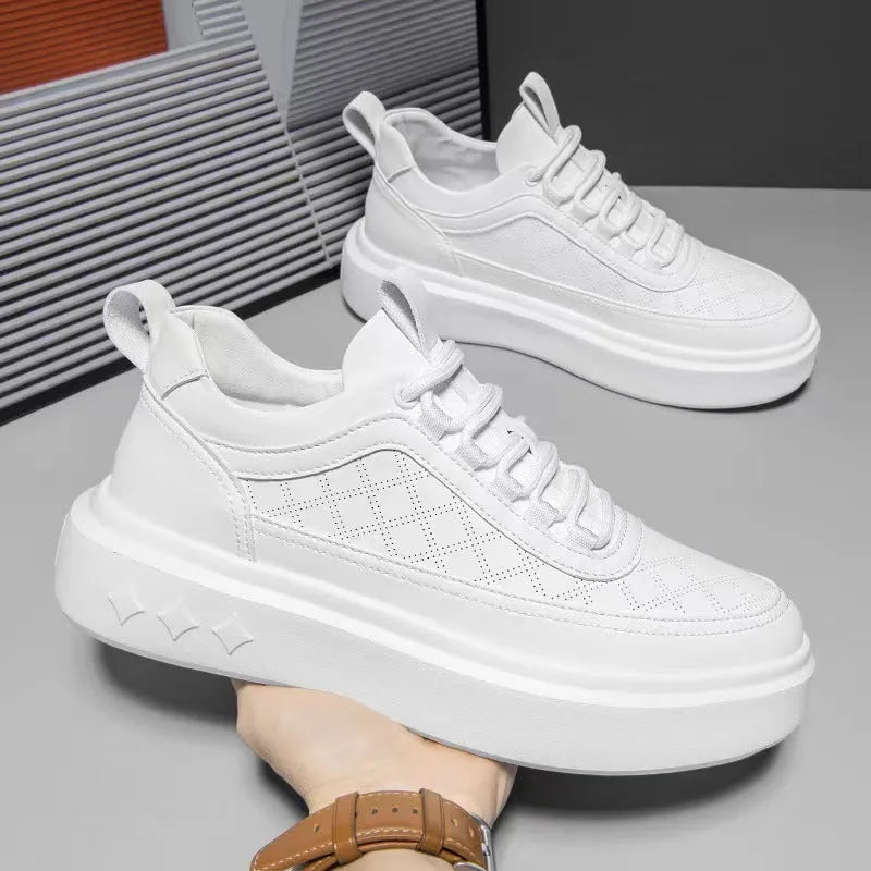 British style thick soled hollowed out breathable casual board shoes in white brown, platform heel, solid colour