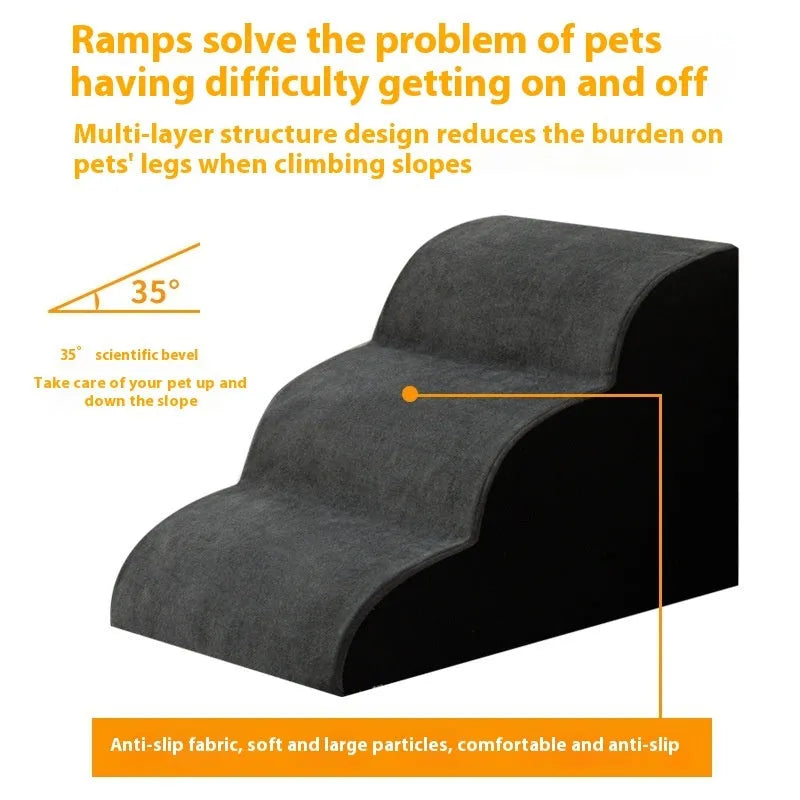 Brown wooden pet stairs with removable fabric steps helping a small dog reach a sofa