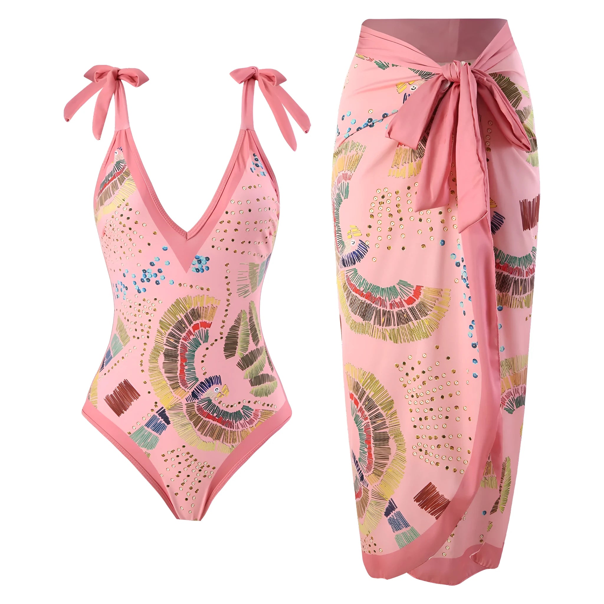 French retro one-piece swimsuit with matching gauze skirt in blue colour