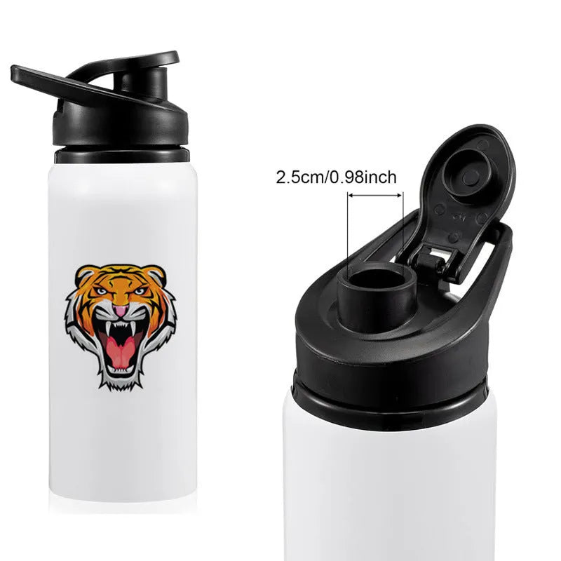 White aluminium sports water bottle for cycling and outdoor activities showing 600ml and 750ml size options.