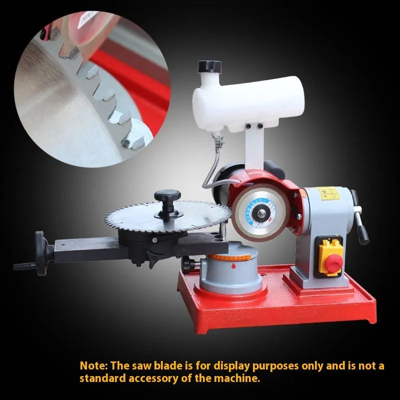 Small manual sharpedge grinding machine for alloy circular saw blades on a workbench.