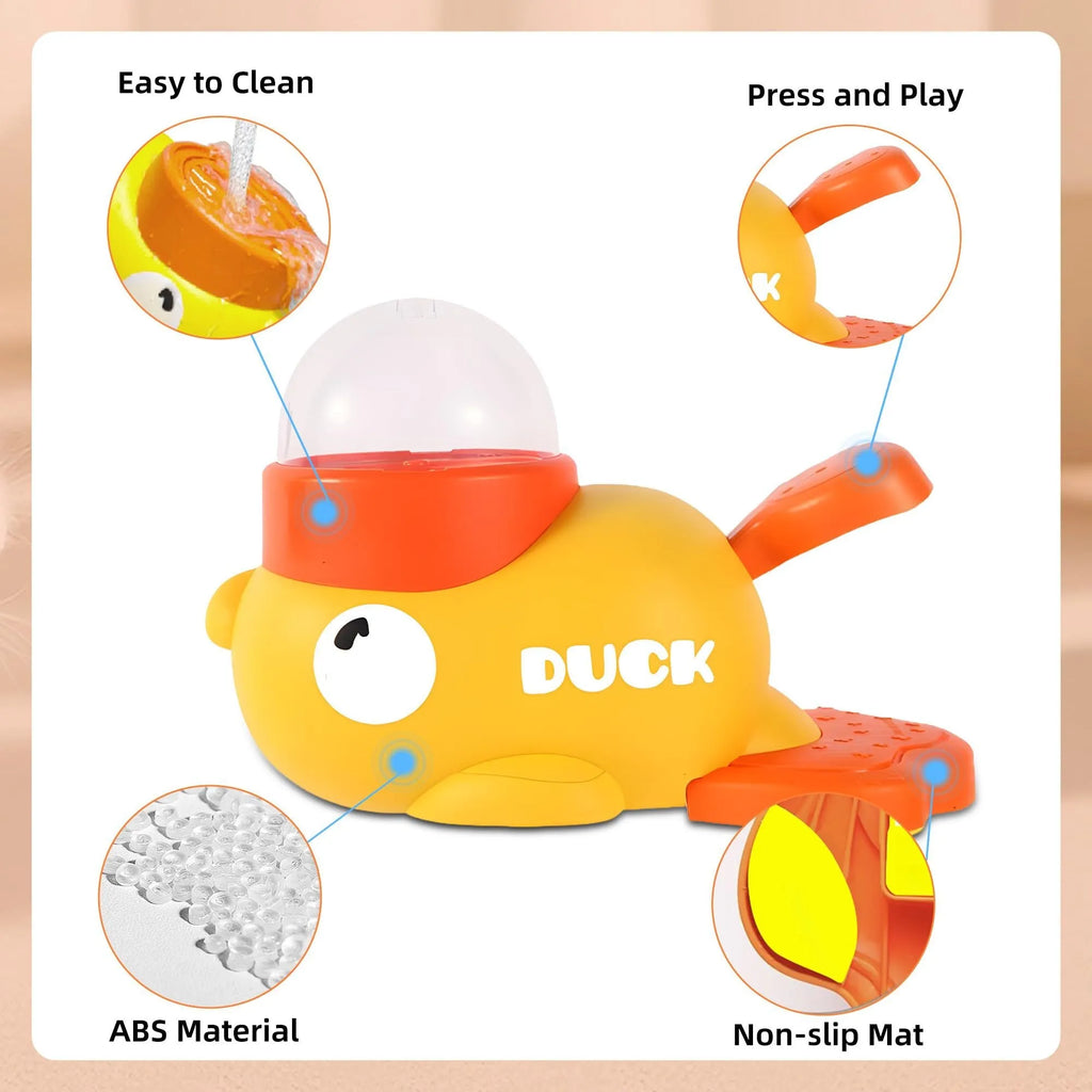 Yellow duck-shaped dog treat dispenser with rotating food container and non-slip base on floor