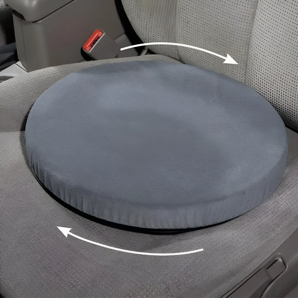 360-degree rotating car seat cushion with non-slip base for elderly passenger assistance.