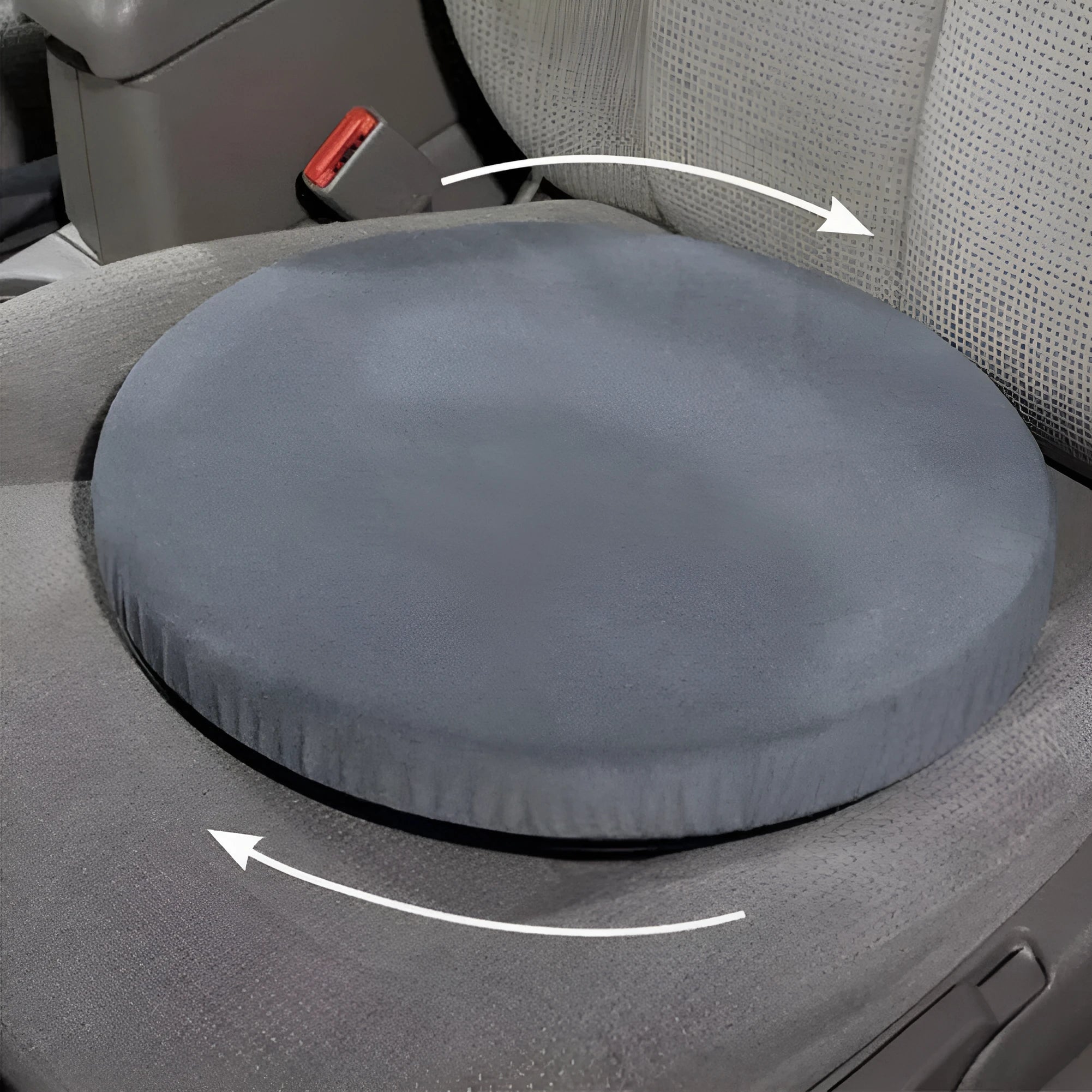 360-degree rotating car seat cushion with non-slip base for elderly passenger assistance.