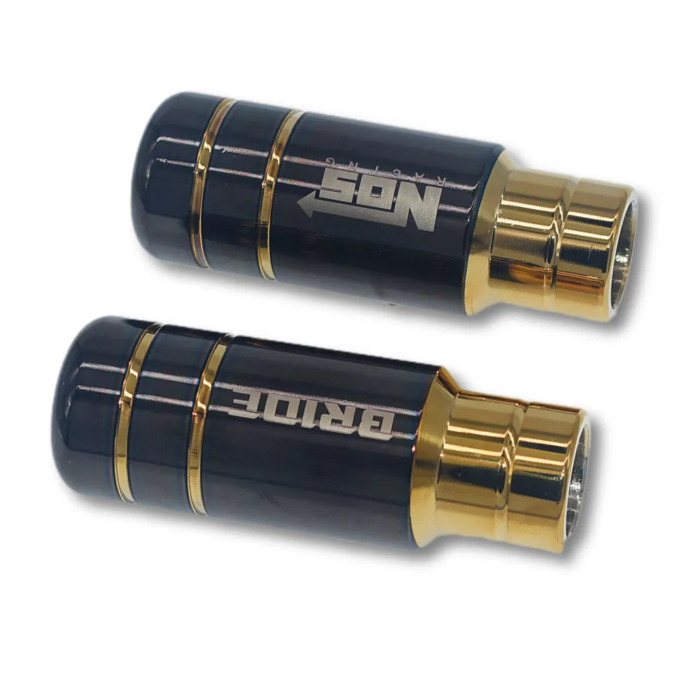 Roasted blue and black gold aluminium alloy universal car gear shift head with three rubber sleeves.