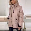 Women's black casual hooded zip-up coat on a hanger
