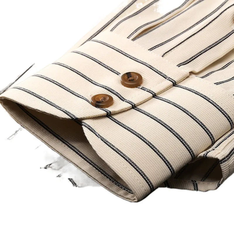 Coffee coloured striped men's long-sleeved business shirt with slim fit on a plus-size model
