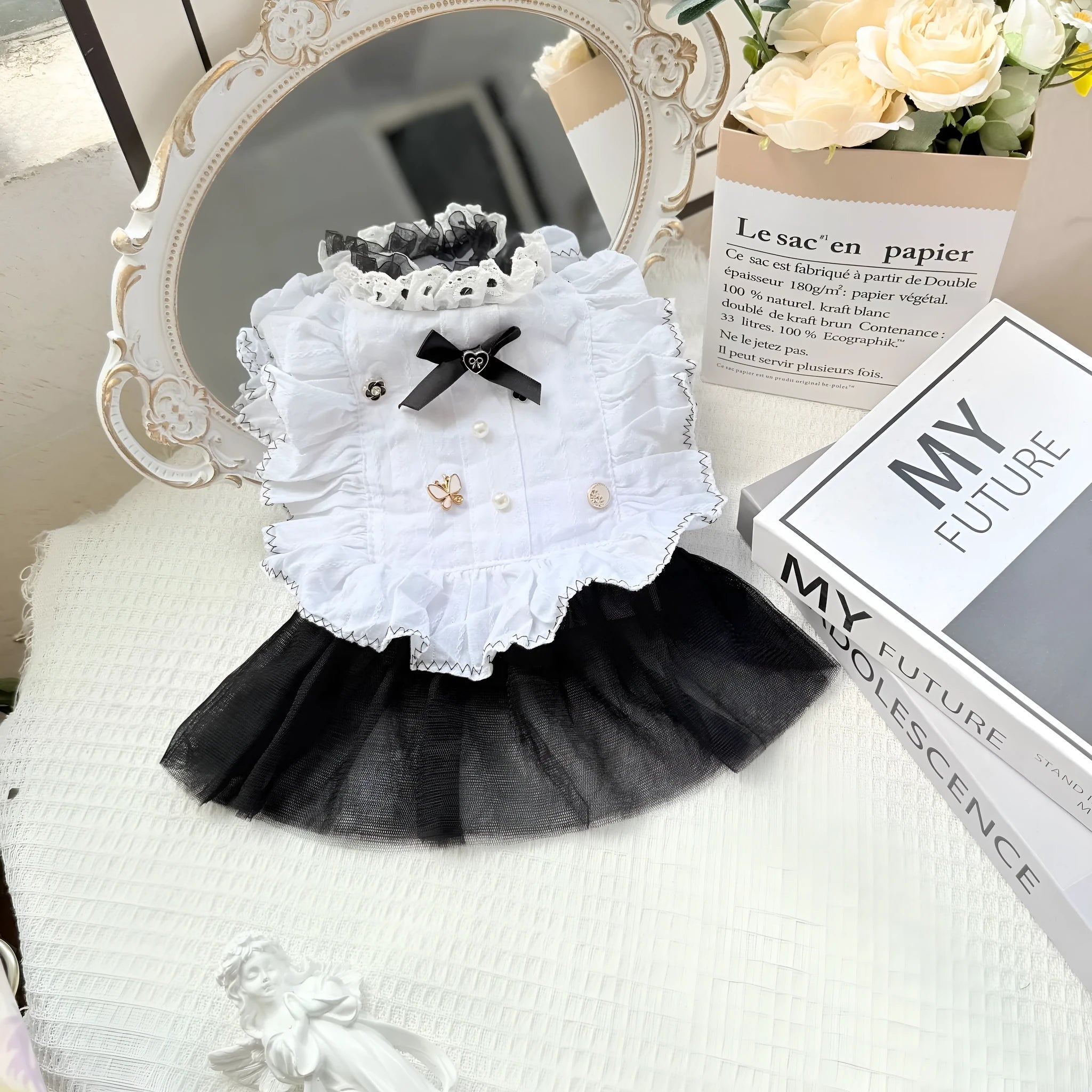 White polyester waltz gauze skirt for a small dog, shown in a princess style.