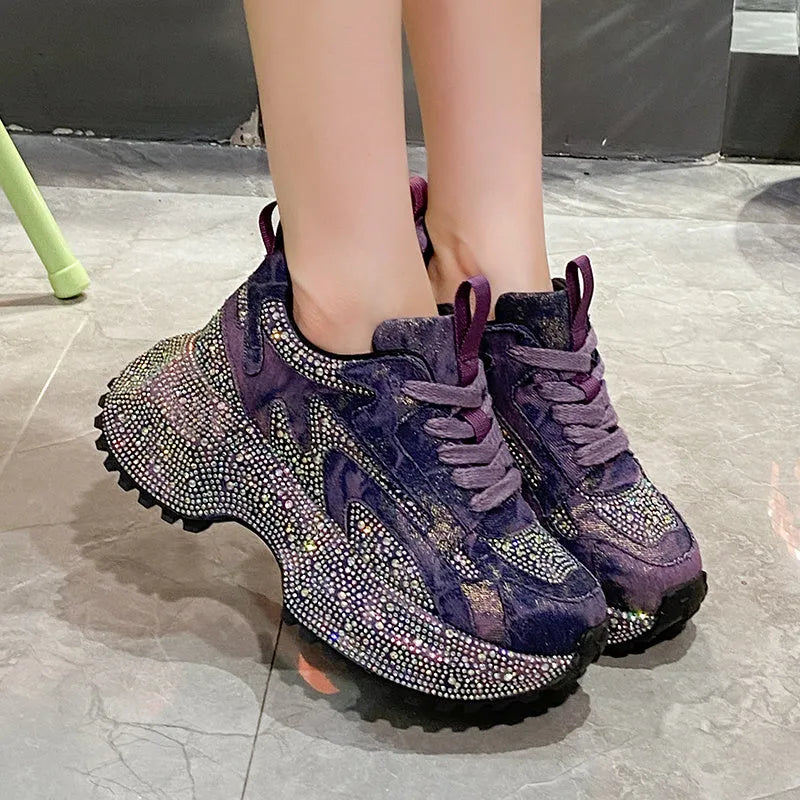Glitter Diamond Purple Platform Sneakers women suede upper cushioned sole luxury casual running shoes