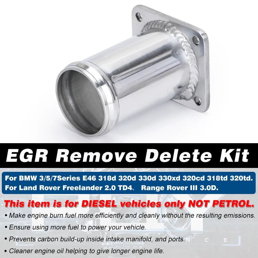 BMW E46 diesel EGR delete kit with black blanking plates, vacuum plug, and mounting hardware