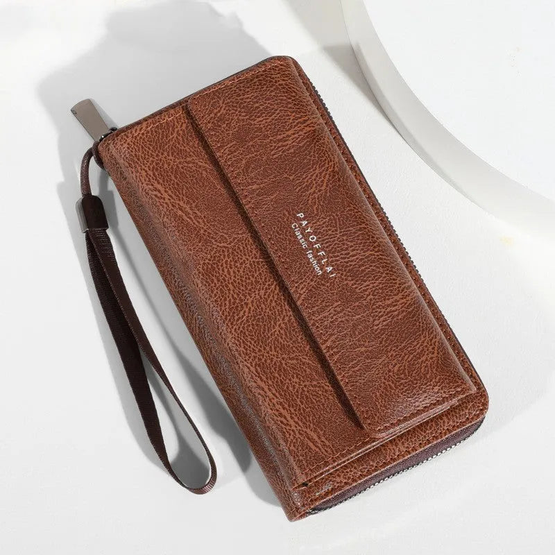 Men's black casual long PU leather wallet with multiple card slots shown open.
