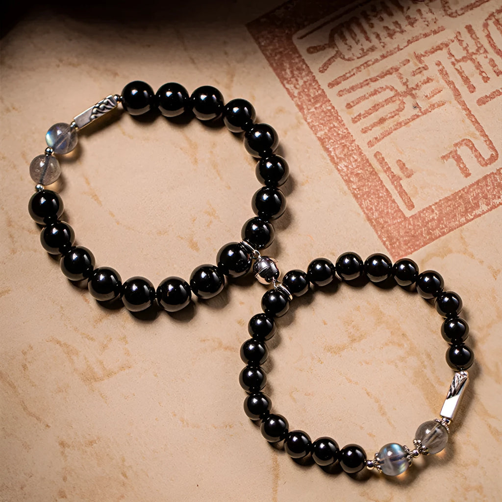 Black obsidian Buddha beads couple bracelet DIY set showing 8mm and 10mm bead sizing
