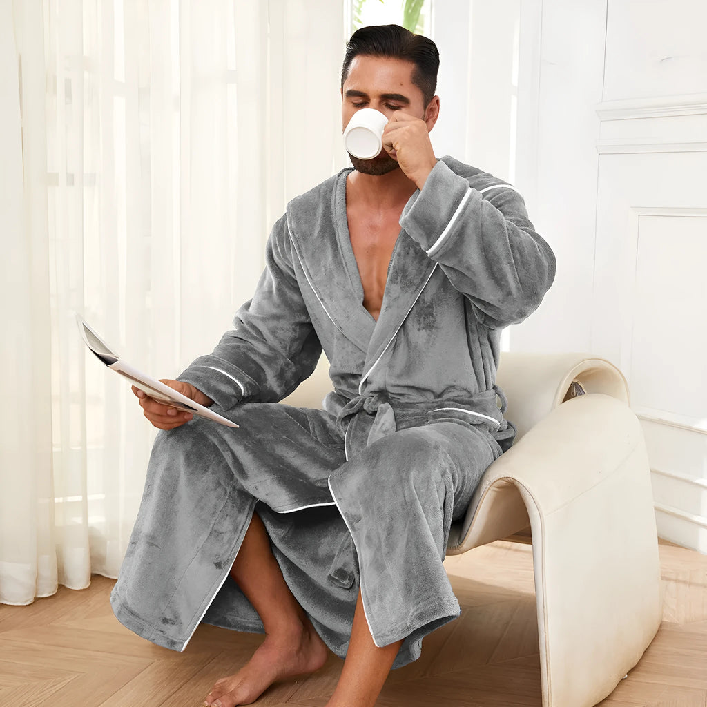 Light grey flannel bathrobe pajamas for men and women on a hanger