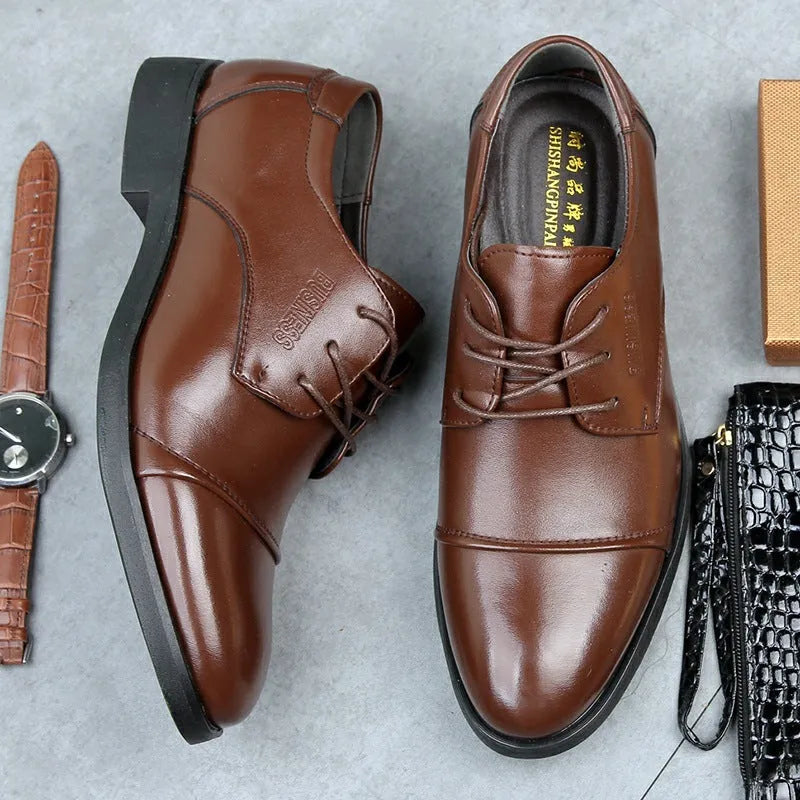 Men's black leather lace-up business shoes with rubber sole and stitching details