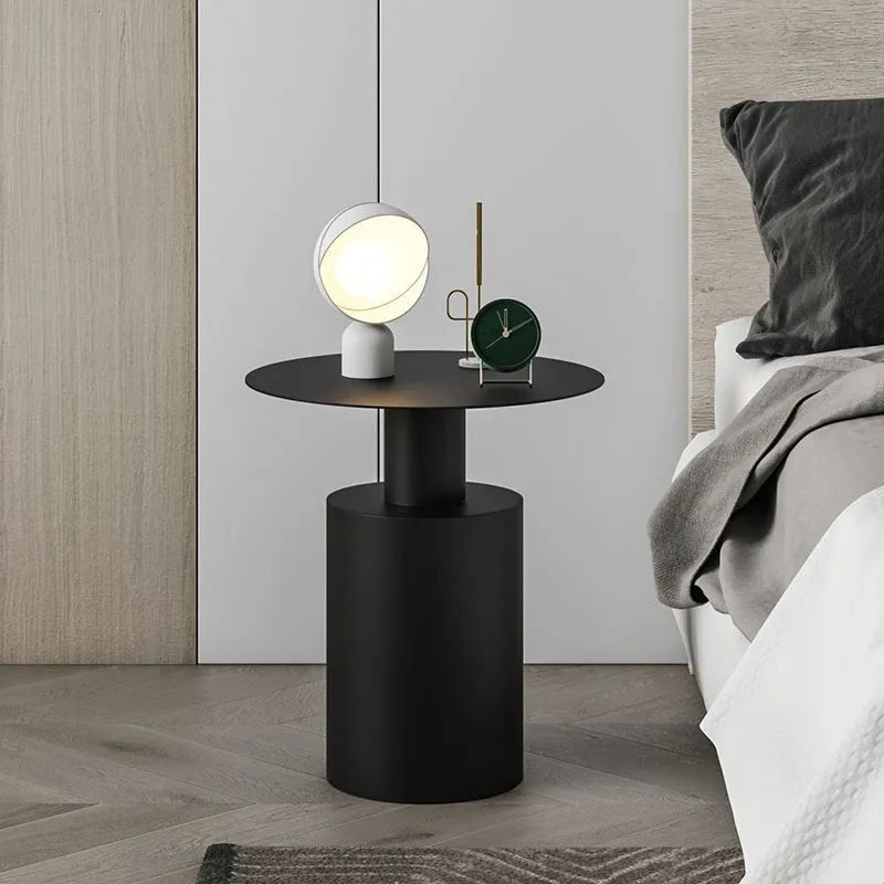 Round Nordic style metal bedside table in beige, frosted white, or frosted black for bedroom use