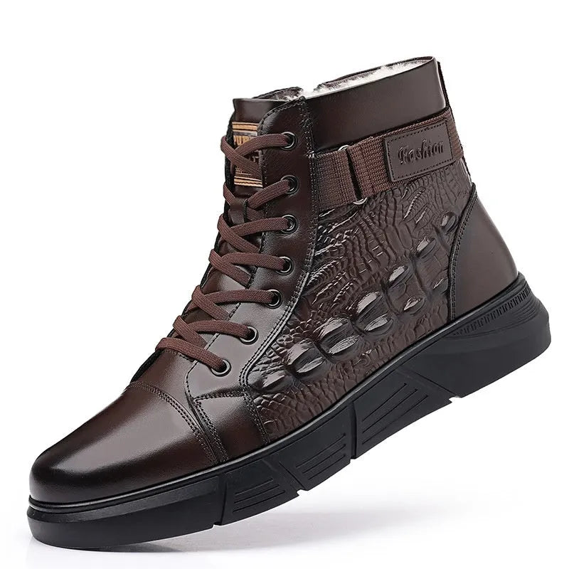 Men's black genuine leather winter boots with fur lining and lace-up front