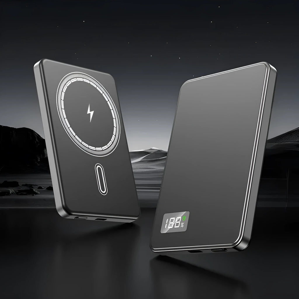 Ultra-thin magnetic power bank with lanyard, alloy shell, and digital display