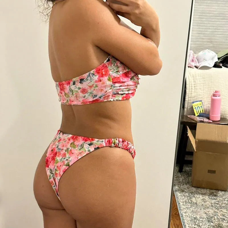 Women's floral printed lace-trim bikini set in blue, shown front and back.