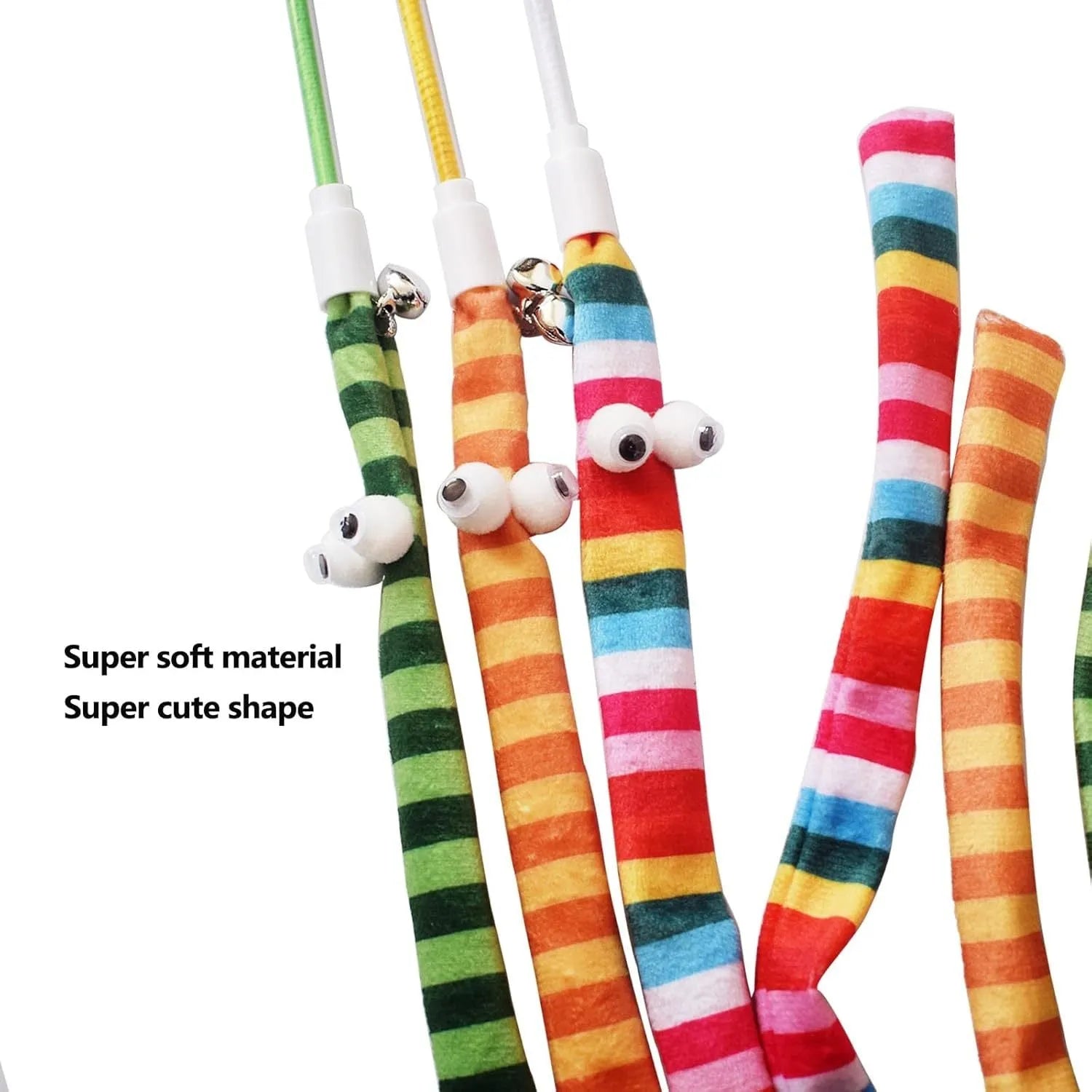 Green cat tease wand with a long plush strip and bell for interactive indoor play