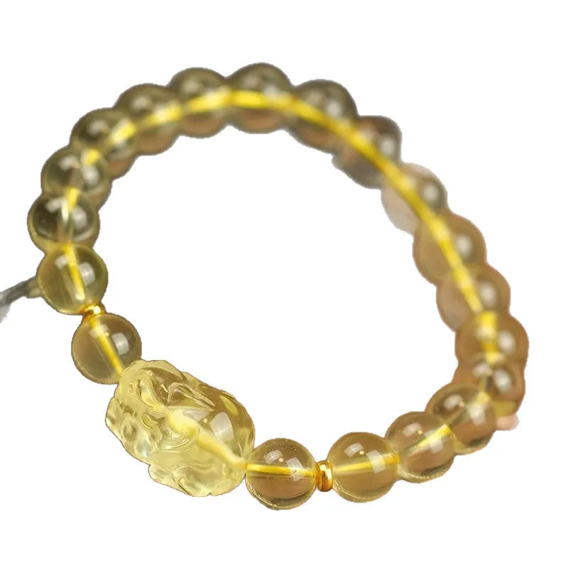 Yellow leather Citrine Pi Xiu bracelet with artificial crystal beads in national style design