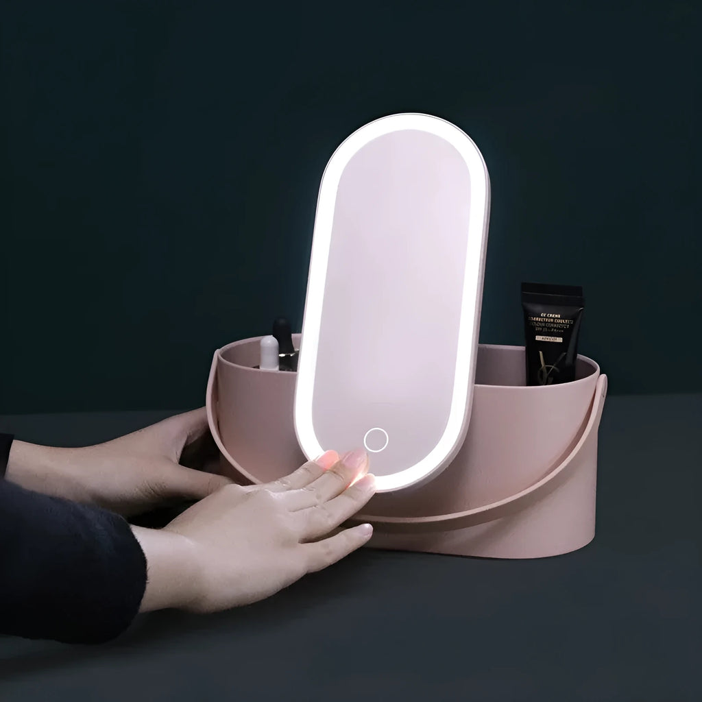 Portable pink and white makeup mirror with storage box and aluminium mirror lens