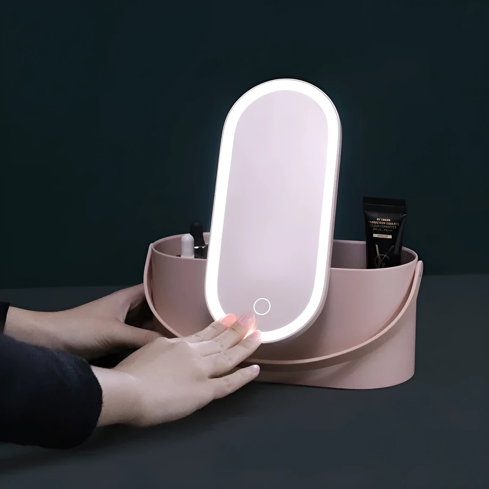 Portable pink and white makeup mirror with storage box and aluminium mirror lens
