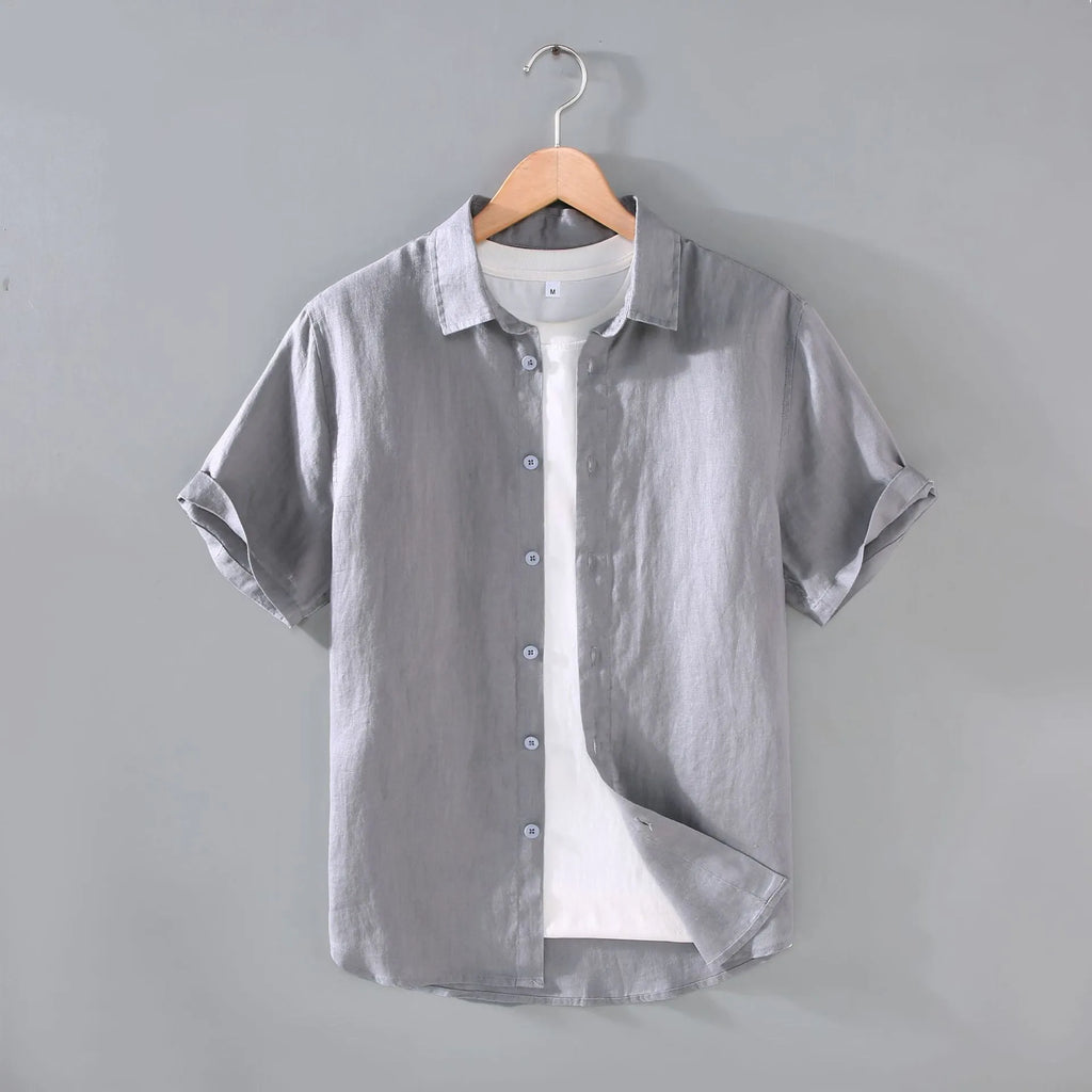 Men's linen short-sleeved shirt in cardigan style showing colour options