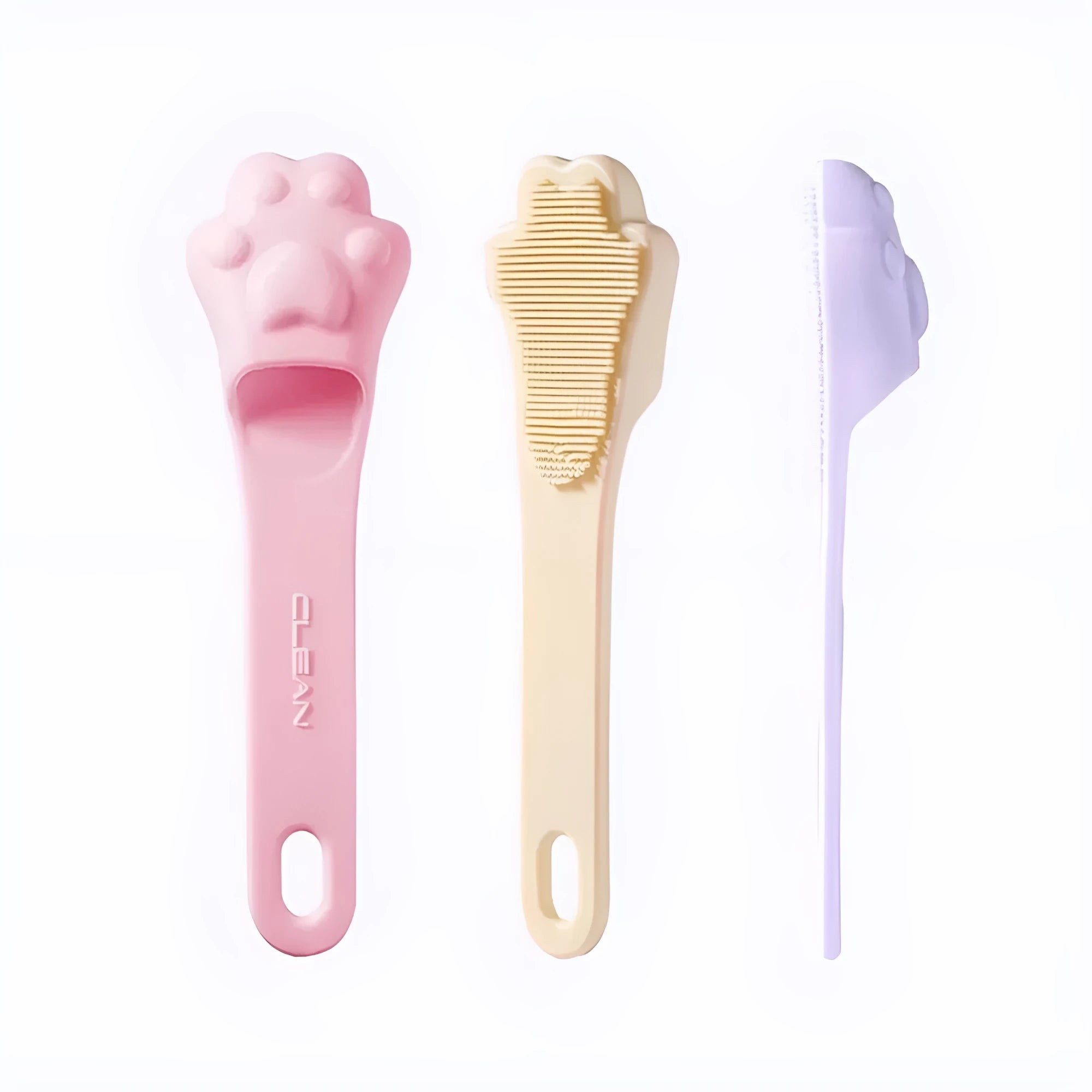 Pink silicone finger toothbrush for dogs and cats with soft nubby bristles.