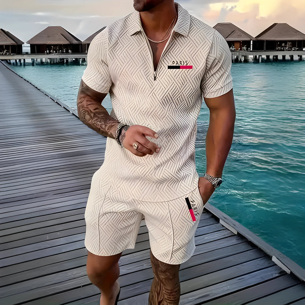 Men's retro plaid beach suit set with PARIS heat transfer patch, short sleeve T-shirt and shorts in cotton blend