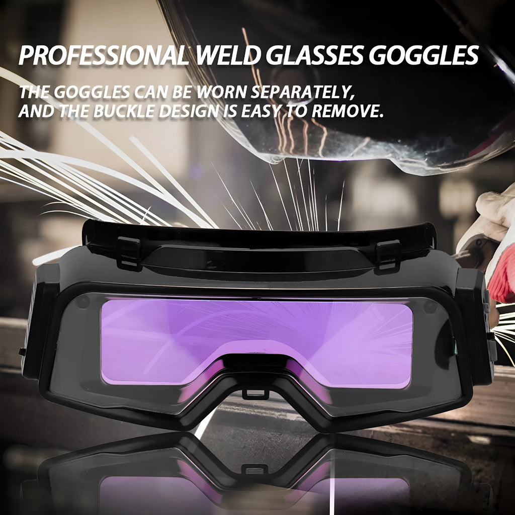 Black automatic darkening welding mask with a large rectangular lens for arc welding protection.