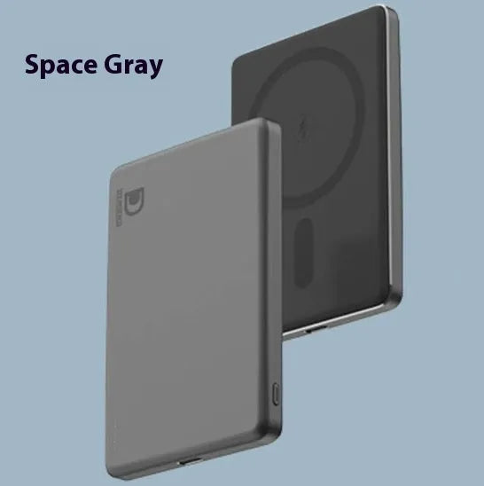 Magnetic power bank in aluminium alloy with wireless charging showing four colour options