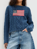 Women's navy blue lazy sense top with national flag pattern, long sleeve pullover style in acrylic fibre