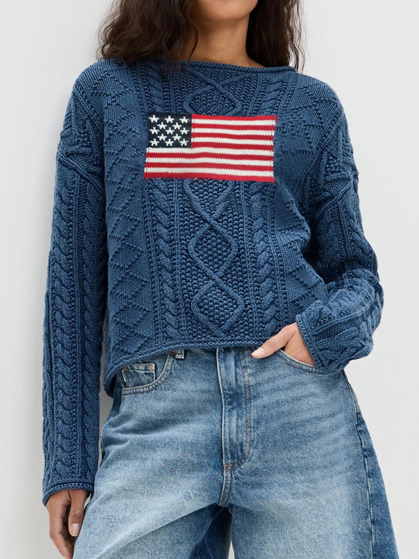 Women's navy blue lazy sense top with national flag pattern, long sleeve pullover style in acrylic fibre