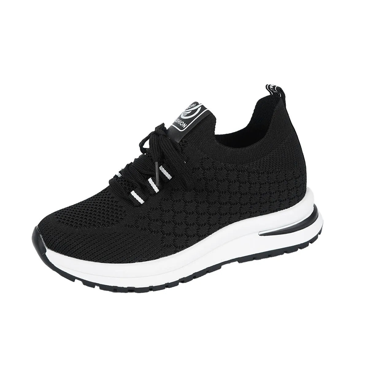 Women's black mesh lace-up flat platform sneaker on a white background