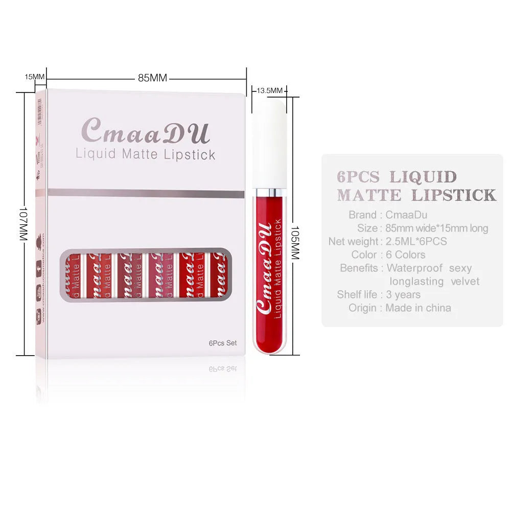 Set of six boxes of matte non-stick cup lip gloss in assorted colours.