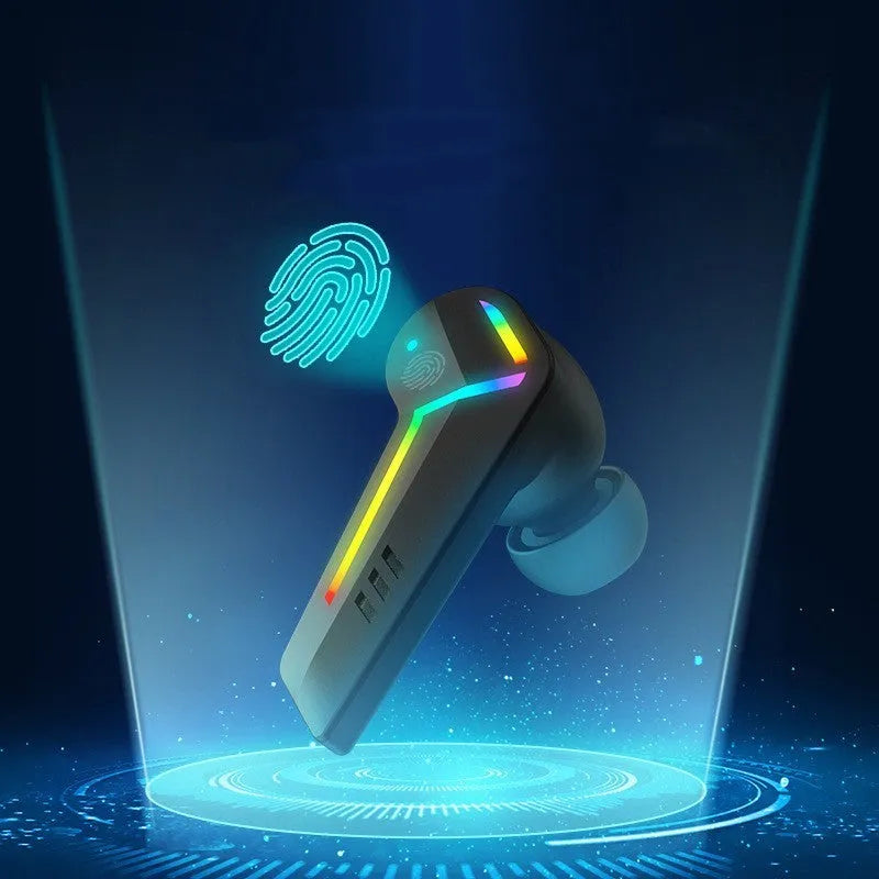 Black TWS in-ear Bluetooth sports headset with low latency for gaming.